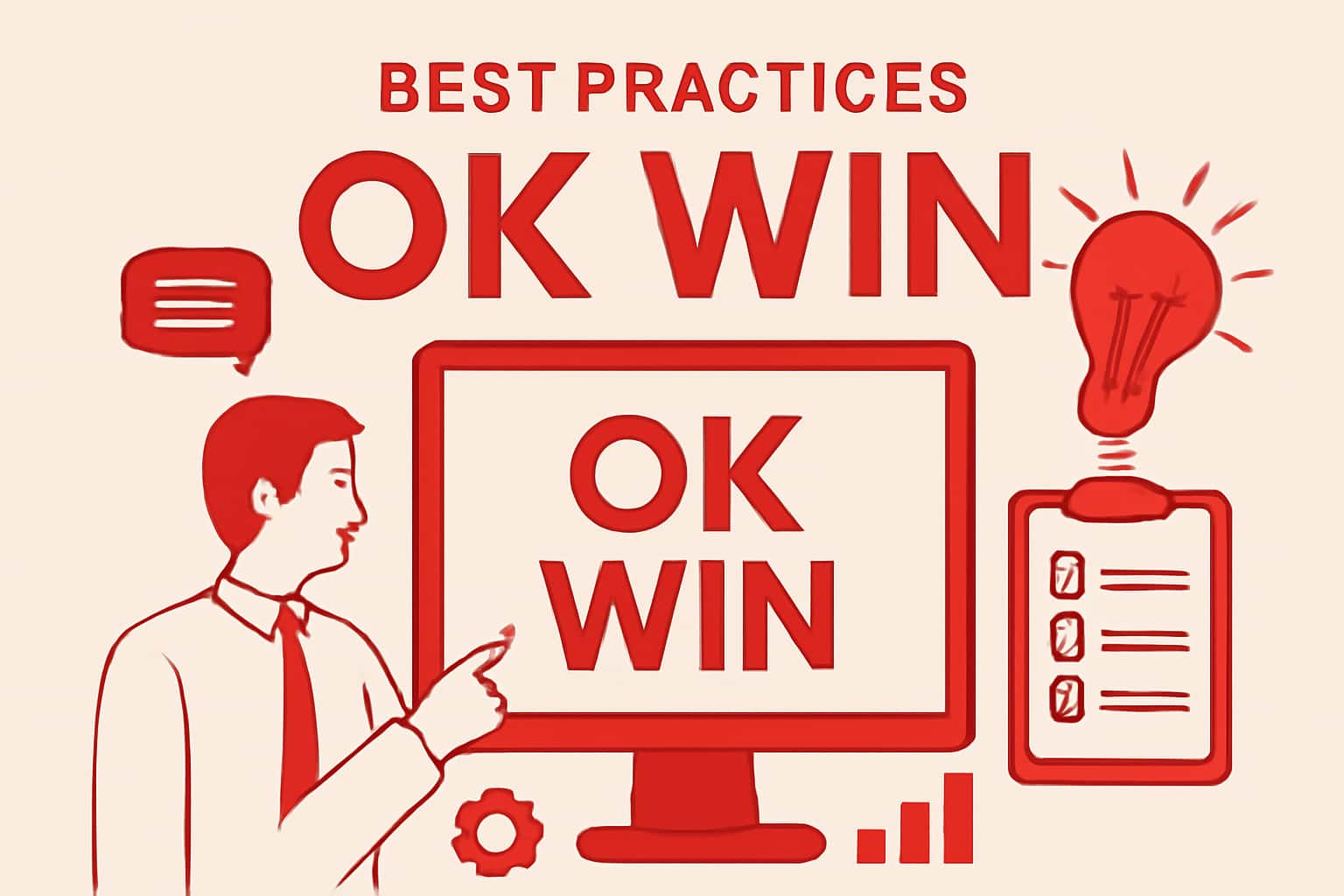 An informational scene displaying best practices for OK Win with a futuristic design.