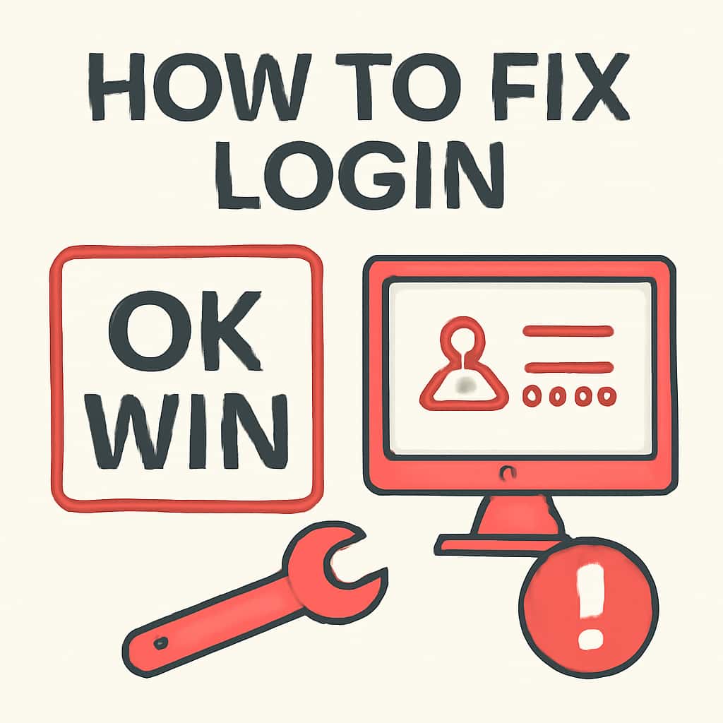 An educational diagram showing the steps to troubleshoot OK Win login issues.