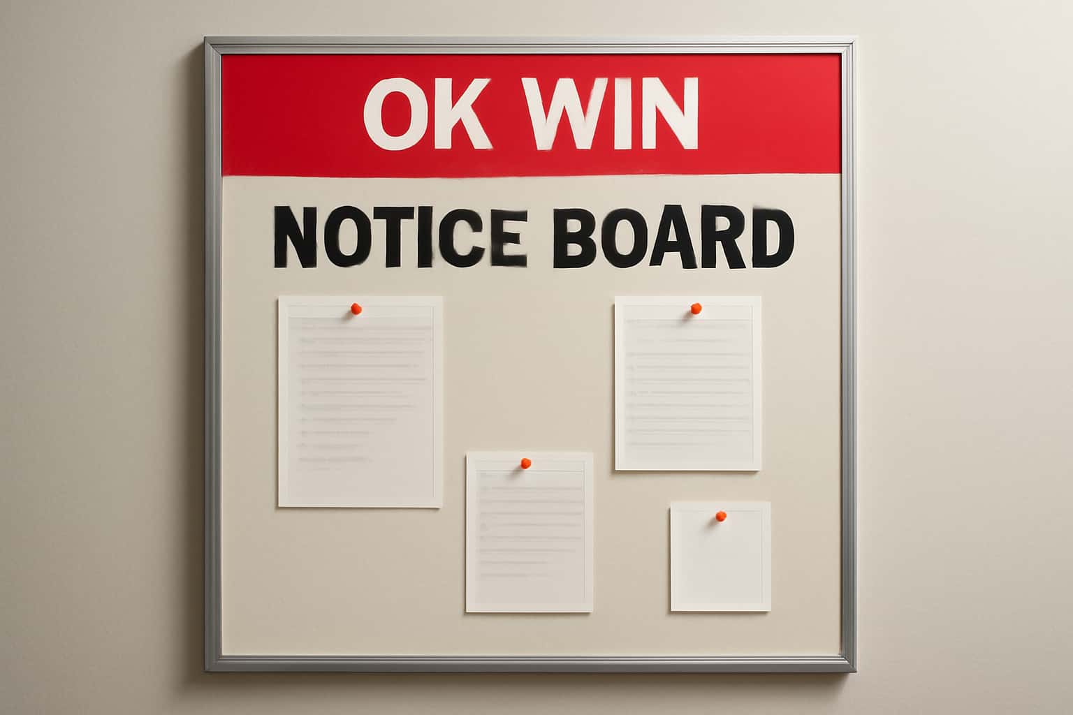 An informative scene representing the OK Win Notice Board with the title visible.