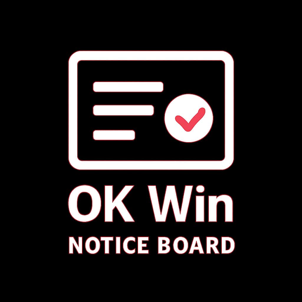 A professional badge representing the OK Win Notice Board.